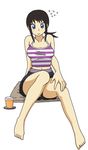  barefoot black_hair blue_eyes blush breasts cushion drink feet female full_body kaga_ai legs sayonara_zetsubou_sensei short_ponytail shorts sidetails simple_background solo white_background 