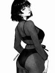  1girl ass bodysuit dress fishnet_top fishnets fubuki_(one-punch_man) long_sleeves looking_at_viewer miss_faves monochrome one-punch_man see-through see-through_dress see-through_sleeves short_hair simple_background solo white_background 