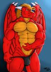  abs biceps big_muscles bulge dracos dragon fangs hair horn male muscles panty_pull pecs plain_background red_body red_dragon red_scales scalie solo speedo standing swimsuit teasing thong underwear undressing white_horns wings xxzerkkandragonxx 