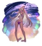  1girl alternate_costume arm_above_head arm_behind_head artist_request bare_legs bikini blue_sky blush closed_mouth cloud cloudy_sky dark-skinned_female dark_skin final_gear floating_hair full_body highres hip_bones leangle_(final_gear) light_brown_hair long_hair looking_at_viewer navel official_art purple_bikini purple_eyes see-through see-through_shirt see-through_sleeves shirt short_sleeves simple_background sky soles solo swimsuit tachi-e third-party_source tied_shirt toes transparent_background very_long_hair 