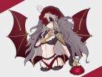  1girl absurdres alternate_costume bat_wings bra breasts closed_mouth cowboy_shot embla_(closed-off_bride)_(fire_emblem) embla_(fire_emblem) english_commentary eyepatch fire_emblem fire_emblem_heroes flower grey_hair hair_flower hair_ornament hand_on_own_chest highres long_hair looking_at_viewer meinou navel red_eyes red_flower small_breasts solo underwear very_long_hair wings 