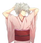  adjusting_hair crossdressing gintama grey_hair japanese_clothes kimono male_focus natsuwo o3o red_eyes sakata_gintoki short_twintails silver_hair solo twintails tying_hair 