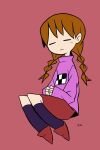  1girl black_socks braid brown_hair closed_eyes closed_mouth expressionless facing_viewer hands_on_lap highres ike_(soramushix3) kneehighs knees_up long_hair long_sleeves low_twin_braids madotsuki own_hands_together pink_sweater print_sweater red_background red_footwear red_skirt shoes signature simple_background skirt socks solo sweater turtleneck turtleneck_sweater twin_braids yume_nikki 
