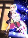  1girl absurdres asymmetrical_legwear blonde_hair fll0o0 fuyou_lilienthal_yuuna fuyou_yuuna_wa_yuusha_de_nai gloves glowing glowing_weapon hair_ornament hand_on_own_hip highres holding holding_sword holding_weapon loafers looking_at_viewer magical_girl petals pleated_skirt red_eyes sailor_collar school_uniform shoes short_hair side_ponytail skirt smile solo split_theme standing sword thighhighs torii weapon white_sailor_collar 