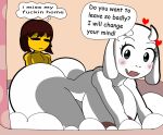 age_difference anthro bathtub big_breasts big_butt blush bovid breasts butt caprine comic_sans dialogue duo english_text female frisk_(undertale) furu_flami goat heart_symbol hearts_around_head human looking_at_butt male male/female mammal mature_female nude size_difference speech_bubble text toriel undertale undertale_(series) yellow_body yellow_skin