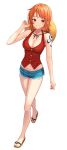  1dot_297 1girl bare_arms bare_legs bare_shoulders blue_shorts blush breasts brown_eyes buttons cleavage cosplay denim denim_shorts full_body hand_up hat highres large_breasts looking_at_viewer midriff_peek monkey_d._luffy monkey_d._luffy_(cosplay) nami_(one_piece) navel one_piece orange_hair parted_lips red_vest sandals short_hair short_shorts shorts shoulder_tattoo smile solo straw_hat tattoo toeless_footwear toes unworn_hat unworn_headwear vest walking white_background 