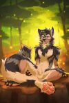 animal_genitalia anthro balls canid canine canis claws digital_media_(artwork) fangs forest genitals hi_res jackal looking_at_viewer male mammal nude open_mouth pawpads paws plant sheath sitting smile solo teeth toe_claws tree yookie 