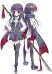  blush dual_persona full_body hands_on_hips horns inu_x_boku_ss long_hair naginata niwaka_yuan polearm purple_eyes purple_hair scarf school_uniform shirakiin_ririchiyo shoes simple_background thighhighs weapon white_background 