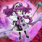  1girl duel_monster flower green_eyes headdress long_hair purple_hair solo staff witch_of_the_black_rose yu-gi-oh! 