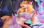 16:10 anthro aroused blue_eyes breasts cave clothed clothing crystal curvy_figure dragon female fur gesture hair hand_gesture highlights_(coloring) horn hourglass_figure humanoid_pointy_ears inviting leg_tuft messy_hair multicolored_body multicolored_fur mythological_creature mythological_scalie mythology open_mouth orange_body orange_fur orange_hair partially_clothed pink_clothing pointing scalie slappyshottest solo tail tail_tuft thigh_tuft tuft veil widescreen