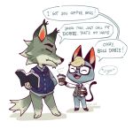 absurd_res animal_crossing anthro beverage biped canid canine canis clothed clothing coffee dar-draws dialogue dobie_(animal_crossing) domestic_cat duo english_text eyebrows eyes_closed eyewear felid feline felis glasses hi_res male mammal nintendo open_mouth open_smile raymond_(animal_crossing) smile speech_bubble tail text wolf