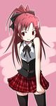  alternate_costume bare_shoulders black_legwear hair_ribbon highres long_hair mahou_shoujo_madoka_magica nishina plaid plaid_skirt pleated_skirt ponytail red_eyes red_hair ribbon sakura_kyouko skirt skirt_tug smile solo thighhighs zettai_ryouiki 