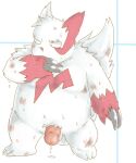 5:6 anthro balls bodily_fluids claws cum ejaculation fur generation_3_pokemon genital_fluids genitals hi_res looking_away male mammal markings multicolored_body nintendo penis pokemon pokemon_(species) rampie red_body red_fur simple_background solo tail white_body white_fur wiping_mouth zangoose