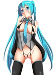  aqua_eyes aqua_hair bad_id bad_pixiv_id bikini blush detached_sleeves hatsune_miku highres jaku_denpa long_hair necktie shirt simple_background sleeveless sleeveless_shirt solo swimsuit thighhighs twintails vocaloid white_background 