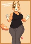 2023 anthro australian_cattle_dog big_breasts black_clothing black_eyes black_shirt black_tank_top black_topwear bluey_(series) bottomwear breasts brown_body brown_ears brown_fur brown_nose canid canine canis cattledog chilli_heeler clothing dancing digital_media_(artwork) disappointed domestic_dog english_text female fur grey_bottomwear grey_clothing grey_pants half-closed_eyes herding_dog hi_res mammal multicolored_body multicolored_fur narrowed_eyes orange_background orange_body orange_fur orange_tail pants pastoral_dog reddoshirousagi06 shirt simple_background solo tail tank_top text topwear two_tone_tail
