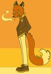  canine cigarette clothing fox fur looking_at_viewer male mammal mutisija orange_fur orange_theme smoke smoking solo standing warm_colors 