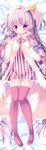  blush bow crescent dakimakura full_body hat highres long_hair looking_at_viewer lying niwaka_yuan on_back patchouli_knowledge pink_legwear purple_eyes purple_hair solo striped thighhighs touhou vertical_stripes 