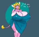 anthro big_breasts blonde_hair blue_eyes blush blush_lines bovid bovine breast_focus breast_squish breasts cattle cleavage clothed clothing deep_cleavage dialogue dress embarrassed fancy_clothing female hair horn huge_breasts huge_thighs jewelry looking_down makeup mammal necklace nipple_outline oliburgob overweight overweight_female paprika_(olibur) pink_body solo sparkles sparkling_clothing squish thick_thighs tight_clothing