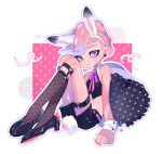  1girl animal_ear_hairband animal_ears bare_shoulders belt black_footwear black_shorts border closed_mouth commentary_request fake_animal_ears fake_tail fishnet_socks fishnets hairband high_heels looking_at_viewer octoling octoling_girl octoling_player_character outside_border piercing pink_background rabbit_ears rabbit_tail short_hair shorts simple_background sitting smile socks solo splatoon_(series) suke_81 tail tentacle_hair thick_eyebrows thigh_belt thigh_strap white_border white_hairband 