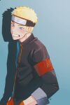  1boy aged_up artist_request blonde_hair blue_eyes blush clenched_teeth facial_mark forehead_protector grin hand_in_pocket konohagakure_symbol long_sleeves male_focus naruto:_the_last naruto_(series) shadow short_hair signature smile solo teeth third-party_source uzumaki_naruto whisker_markings 