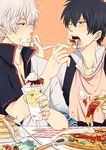  50yen bad_id bad_pixiv_id black_eyes black_hair eating feeding food gintama hijikata_toushirou holding_pizza japanese_clothes male_focus multiple_boys pancake parfait pizza red_eyes sakata_gintoki silver_hair wince 