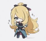  1girl amesuupu black_footwear black_ribbon blonde_hair boots chibi chibi_only closed_mouth commentary_request cynthia_(pokemon) cynthia_(sygna_suit)_(aura)_(pokemon) gloves grey_eyes hair_over_one_eye hair_ribbon hand_on_own_hip high_ponytail light_smile long_hair looking_at_viewer official_alternate_costume official_alternate_hairstyle pokemon pokemon_masters_ex red_gloves ribbon solo thigh_boots twitter_username very_long_hair 