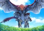  2boys armor back belt_pouch blue_eyes blue_sky chin_spike cloud dragon flying gloves grass greatsword highres holding holding_sword holding_weapon horns hunter_(armor) monster_hunter_(character) monster_hunter_(series) multiple_boys open_mouth outdoors pointy_ears pouch rathalos red_scales scales sharp_teeth sky slinger_(monster_hunter) spiked_tail spread_wings sword tail teeth touro weapon wyvern 