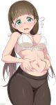  1girl artist_name belly belly_grab black_pantyhose blush bra breasts brown_hair center-flap_bangs cleavage commentary_request embarrassed flying_sweatdrops green_hair hair_ribbon highres large_breasts linatai long_hair love_live! love_live!_superstar!! low_twintails navel panties pantyhose plump ribbon sakurakoji_kinako tearing_up twintails twitter_username underwear weight_conscious white_background white_bra 