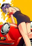  1girl absurdres alternate_costume back bare_shoulders black_dress black_hair bleach car commentary dress earrings eyewear_on_head feet_out_of_frame from_behind from_below hair_between_eyes highres jewelry kuchiki_rukia looking_at_viewer looking_back motor_vehicle parted_lips purple_eyes red_car red_scarf scarf short_dress short_hair simple_background sleeveless sleeveless_dress solo spaghetti_strap stud_earrings sunglasses thighs yellow_background yshjsw 