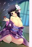  :p absurdres alcohol black_hair breasts cherry_blossoms cleavage copyright_request drunk flower hair_flower hair_ornament highres hime_cut itou_life japanese_clothes kimono knees_together_feet_apart large_breasts long_hair nipples open_clothes open_shirt red_eyes sake shirt solo sweatdrop tatami tongue tongue_out 