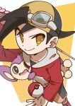  1boy aipom backwards_hat black_hair closed_mouth collarbone ethan_(pokemon) from_above goggles goggles_on_headwear hat highres long_sleeves omochi_(omotimotittona3) pokemon pokemon_(creature) pokemon_adventures short_hair smile standing yellow_eyes 