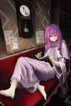  akai_kitsune bad_id bad_pixiv_id barefoot book bookshelf clock couch dress grey_eyes hair_ribbon highres long_hair magic_circle no_hat no_headwear paper patchouli_knowledge pen pentagram purple_hair ribbon smile solo touhou 