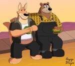 2024 anthro bear belly black_nose bottomwear brok_the_investigator brown_body burger clothing cowcat_games duo eating eyes_closed food gigizadragon hi_res kangaroo macropod male mammal marsupial overalls overweight overweight_male pants r.j._(brok_the_investigator) shirt sin_silver sitting topwear