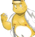 anthro ball baseball_(ball) baseball_cap belly blush blush_lines clothed clothing domestic_cat felid feline felis fur hat headgear headwear holding_object looking_away male mammal moobs navel nipples open_clothing open_shirt open_topwear overweight rampie shaded shirt slightly_chubby solo topwear whiskers white_body white_fur yellow_body yellow_fur