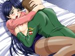  1girl bed blue_hair blush breasts doushin long_hair lying panties pantyhose suruga_ryoko underwear 