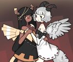  2girls black_hair black_horns black_skirt brown_background brown_horns choker commentary cowboy_shot dark-skinned_female dark_skin detached_sleeves english_commentary feathered_wings grey_hair grey_wings highres holding_hands horns kuu_the_silver_dragon long_hair looking_at_viewer looking_to_the_side metal_wings mino_dev multiple_girls off-shoulder_shirt off_shoulder open_mouth pi_the_golden_dragon pointy_ears rabbit_and_steel red_choker red_eyes ribbon-trimmed_skirt ribbon_trim shirt short_bangs short_hair skirt very_long_hair white_skirt white_sleeves wings yellow_eyes yellow_shirt yellow_wings yuri 