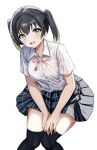  1girl :d black_hair black_skirt black_thighhighs blush breasts collared_shirt commentary_request dress_shirt feet_out_of_frame green_eyes green_hair highres invisible_chair looking_at_viewer love_live! love_live!_nijigasaki_high_school_idol_club medium_breasts medium_hair miniskirt multicolored_hair neck_ribbon nijigasaki_school_uniform open_mouth over-kneehighs pink_ribbon plaid plaid_skirt pleated_skirt ribbon school_uniform shirt short_sleeves sidelocks simple_background sitting skirt smile solo streaked_hair summer_uniform takasaki_yu thighhighs twintails two-tone_hair white_background white_shirt zaofeng 