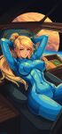  1girl absurdres blonde_hair blue_bodysuit blue_eyes bodysuit breasts cameltoe commentary covered_navel covered_nipples english_commentary highres impossible_bodysuit impossible_clothes itzah large_breasts long_hair looking_at_viewer metroid mole mole_under_mouth pixel_art ponytail samus_aran skin_tight solo thighs zero_suit 