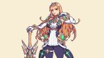  1girl blonde_hair breasts buskhusker cowboy_shot detached_sleeves dress earrings gloves holding holding_sword holding_weapon jewelry looking_at_viewer mythra_(xenoblade) pantyhose pixel_art smile solo sword tiara weapon white_dress white_gloves xenoblade_chronicles_(series) xenoblade_chronicles_2 