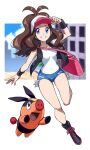  1girl absurdres bag bare_legs baseball_cap blue_eyes blue_shorts breasts brown_hair commentary full_body grimmelsdathird grin handbag hat highres hilda_(pokemon) pokemon pokemon_(creature) pokemon_bw short_shorts shorts small_breasts smile symbol-only_commentary tank_top tepig thighs white_tank_top 