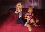 absurd_res anthro ball_gag bdsm blurred_background bondage bondage_gear bottomwear bound canid canine casual_bondage cheeseus_(cheeseuschrist) clothed clothing comfy crossed_legs duo fluffy fox fur furniture gag hi_res inside island_fox jacket lagomorph legs_tied leporid male male/male mammal niderilenore pajamas pants rabbit restraints rope rope_bondage rope_harness rope_pull shirt sitting smile sofa tail topwear trench_(trenchfox) tying underwear underwear_only urocyon