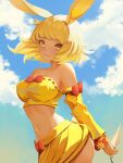  1girl absurdres animal_ears bare_shoulders blonde_hair blue_sky bow breasts cleavage closed_mouth cloud commentary cowboy_shot dancer_rabbit day detached_sleeves english_commentary highres holding holding_knife knife kunai looking_at_viewer medium_breasts midriff navel orange_bow outdoors rabbit_and_steel ribbon-trimmed_tube_top short_hair skirt sky sleeve_bow smile solo strapless tube_top weapon yan_kodiac yellow_eyes yellow_skirt yellow_sleeves yellow_tube_top 