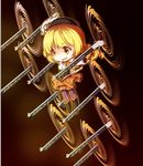  bad_id bad_pixiv_id beret blonde_hair blurry boots breasts chibi corset depth_of_field drill_hair fate/stay_night fate_(series) fingerless_gloves gate_of_babylon gloves grin gun hair_ornament hat magical_girl magical_musket mahou_shoujo_madoka_magica medium_breasts parody pleated_skirt skirt smile solo striped striped_legwear thighhighs tomoe_mami tora_suzume vertical-striped_legwear vertical_stripes weapon yellow_eyes 