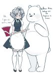  1girl apron axe bear black_dress bow braid commentary crossover dress english_commentary english_text fire_axe full_body green_bow green_necktie grey_eyes grey_hair hair_bow highres holding holding_axe ice_bear_(we_bare_bears) izayoi_sakuya looking_to_the_side maid maid_headdress medium_bangs necktie open_mouth parted_bangs pinafore_dress polar_bear puffy_short_sleeves puffy_sleeves shirt short_hair short_sleeves simple_background sleeveless sleeveless_dress standing sunnyboi thighhighs touhou twin_braids waist_apron we_bare_bears white_apron white_background white_shirt white_thighhighs 