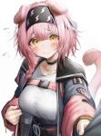  1girl absurdres animal_ears arknights black_hairband blush braid breasts cat_ears cat_girl cat_tail chest_harness goldenglow_(arknights) hairband harness highres lightning_bolt_print long_hair looking_at_viewer medium_breasts medium_hair pink_hair shirt solo tab_head tail white_background yellow_eyes 