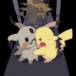  :3 aged_down black_background brick_floor closed_eyes commentary different_reflection highres hug mimikyu mirror no385jirachi no_humans pichu pikachu pokemon pokemon_(creature) reflection shadow simple_background 