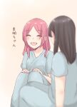  2girls :d ^_^ aged_down arm_at_side assault_lily black_hair blurry blurry_foreground blush closed_eyes commentary_request facing_another feet_out_of_frame gradient_background hands_on_own_knee hands_up hospital_gown knees_up long_hair lower_teeth_only mizunoe_no_hana multiple_girls nigari_(ngari_0115) open_mouth orange_background parted_bangs red_hair shiba_tomoshibi short_sleeves sitting smile teeth translated 