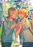  2boys absurdres backpack bag blonde_hair blue_pants brown_hair chinese_commentary closed_mouth collared_shirt commentary_request cover cover_page cowboy_shot doujin_cover eye_contact fingernails gradient_hair green_bag green_eyes green_pants grey_hoodie haikyuu!! hair_between_eyes highres hinata_shouyou holding holding_notebook hood hood_down hoodie kozume_kenma kumao_(azusakoi) light_blush light_frown long_sleeves looking_at_another male_focus multicolored_hair multiple_boys notebook open_mouth orange_hair outdoors pants plaid plaid_shirt pointing red_shirt shirt short_hair shoulder_bag smile sweatdrop t-shirt teeth third-party_source train_station tree upper_teeth_only white_shirt 