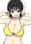  1girl arms_up bikini black_eyes black_hair blush breasts cleavage collarbone commentary_request heart highres kirikirimai_(kkm) large_breasts looking_at_viewer low_twintails naughty_face navel open_mouth original short_hair short_twintails simple_background smile solo stomach swimsuit translation_request twintails twitter_username upper_body white_background yellow_bikini 