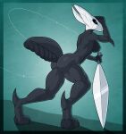 2023 2_horns 4_fingers arthropod arthropod_abdomen blue_eyes blue_nipples breasts butt digital_media_(artwork) feet female fingers hand_on_head hi_res holding_melee_weapon holding_object holding_sword holding_weapon hollow_knight horn hornet_(hollow_knight) kurtassclear melee_weapon nail_(weapon) nipples non-mammal_breasts nude pinup pose shadow silk solo standing sword team_cherry weapon